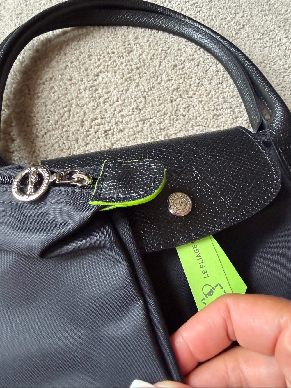 Longchamp Black Le Pliage Nylon Tote with Textured Leather Flap - Picture 4 of 7